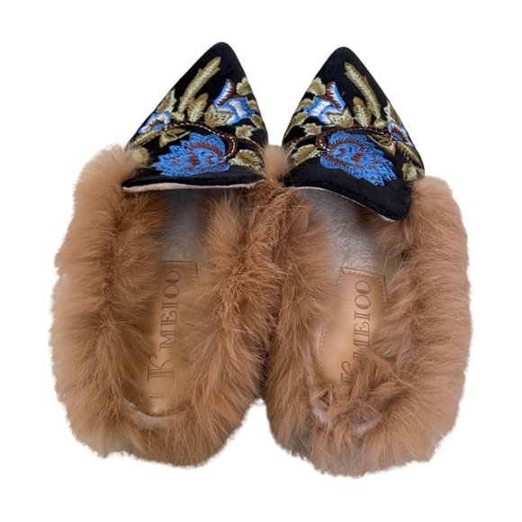 KMEIOO Embroidered Black Floral Mule with Fur Trim Slip On - Picture 4 of 6